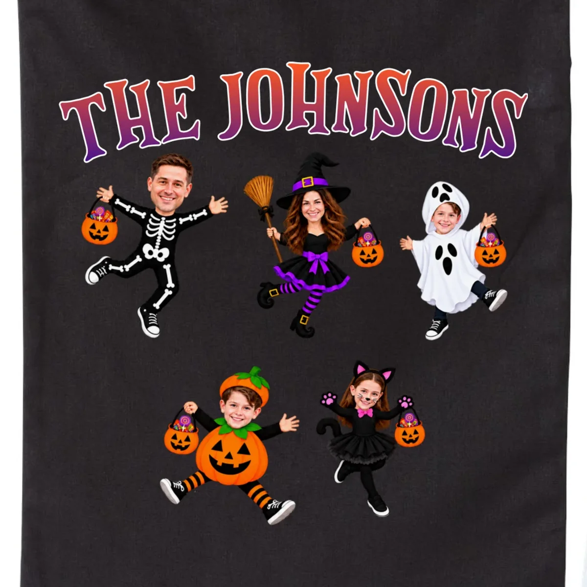 Personalized Halloween Family Photo Drawstring Bag - Custom Faces & Name - Front - Close-up