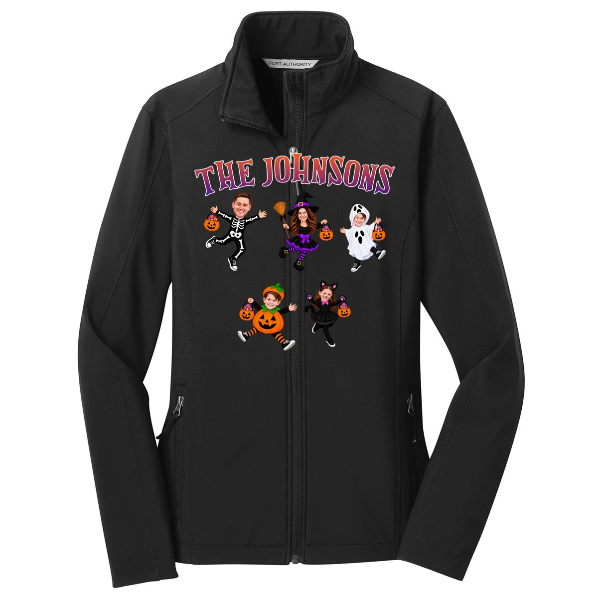 Personalized Halloween Family Photo Women's Soft Jacket - Custom Faces & Name Front
