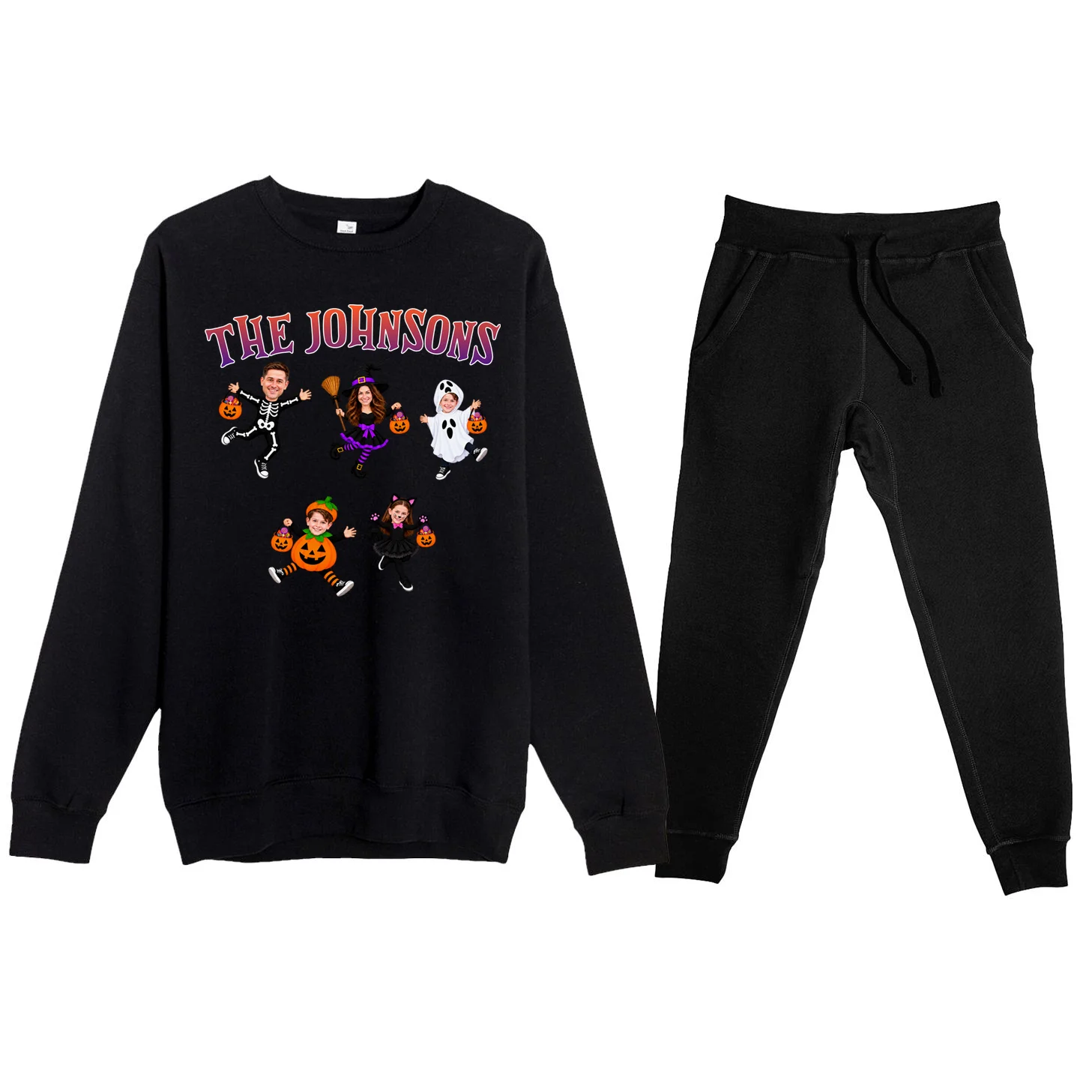 Personalized Halloween Family Photo Men's Sweatsuit - Custom Faces & Name Front