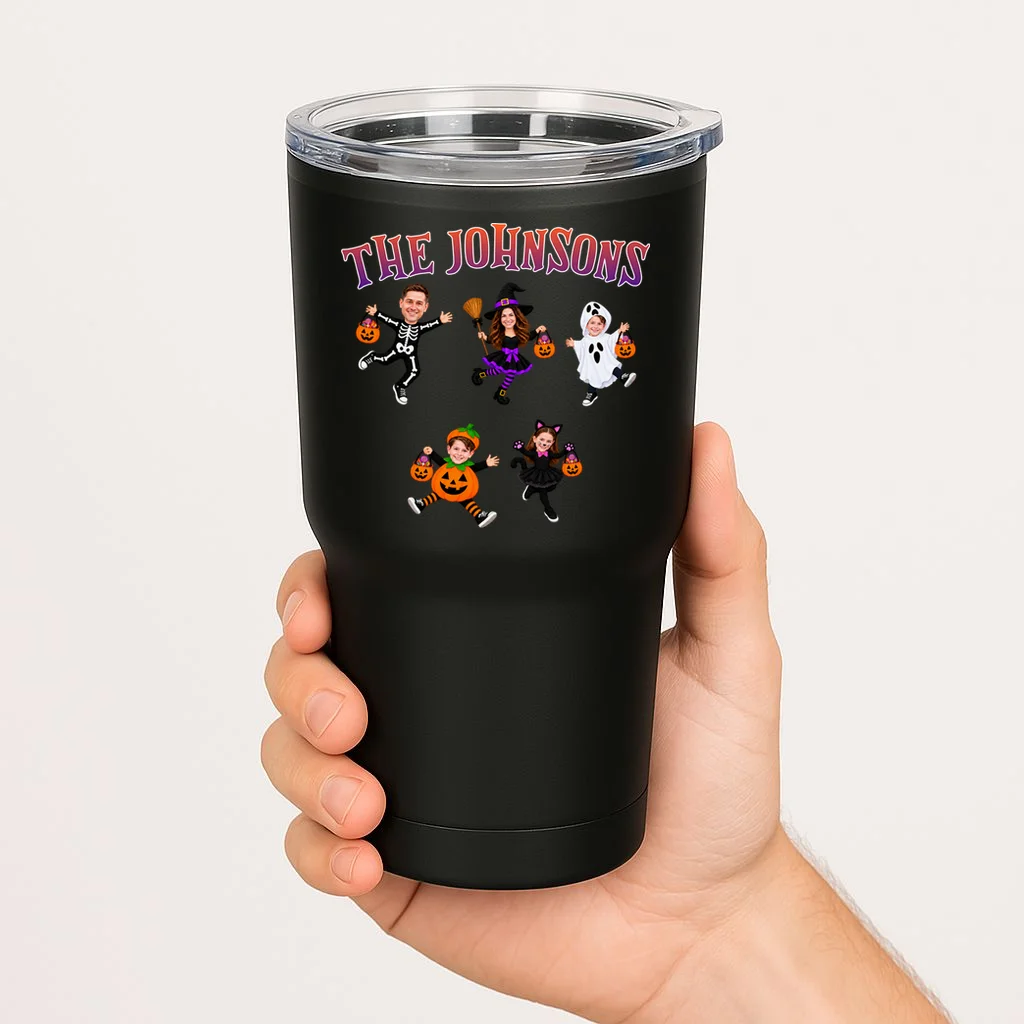 Personalized Halloween Family Photo 20oz Tumbler - Custom Faces & Name - Front 1