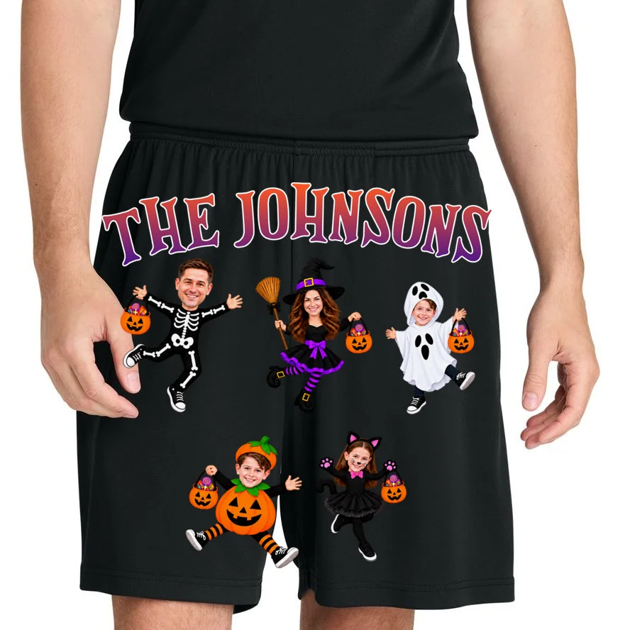 Personalized Halloween Family Photo Men's Shorts - Custom Faces & Name - Front 1