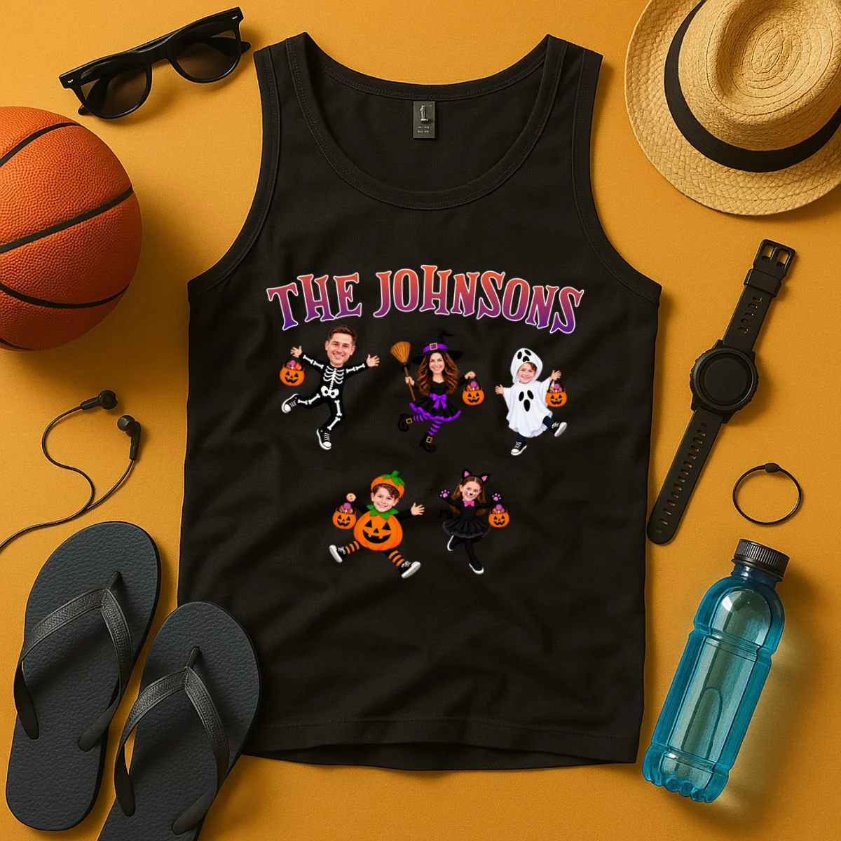 Personalized Halloween Family Photo Tank Top - Custom Faces & Name - Front 3