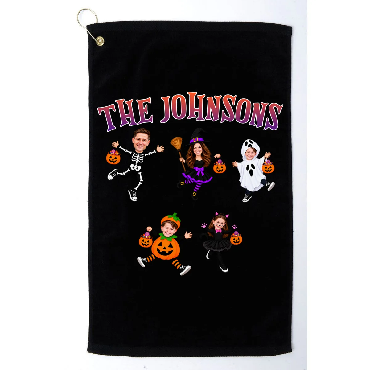 Personalized Halloween Family Photo Golf Towel - Custom Faces & Name - Front