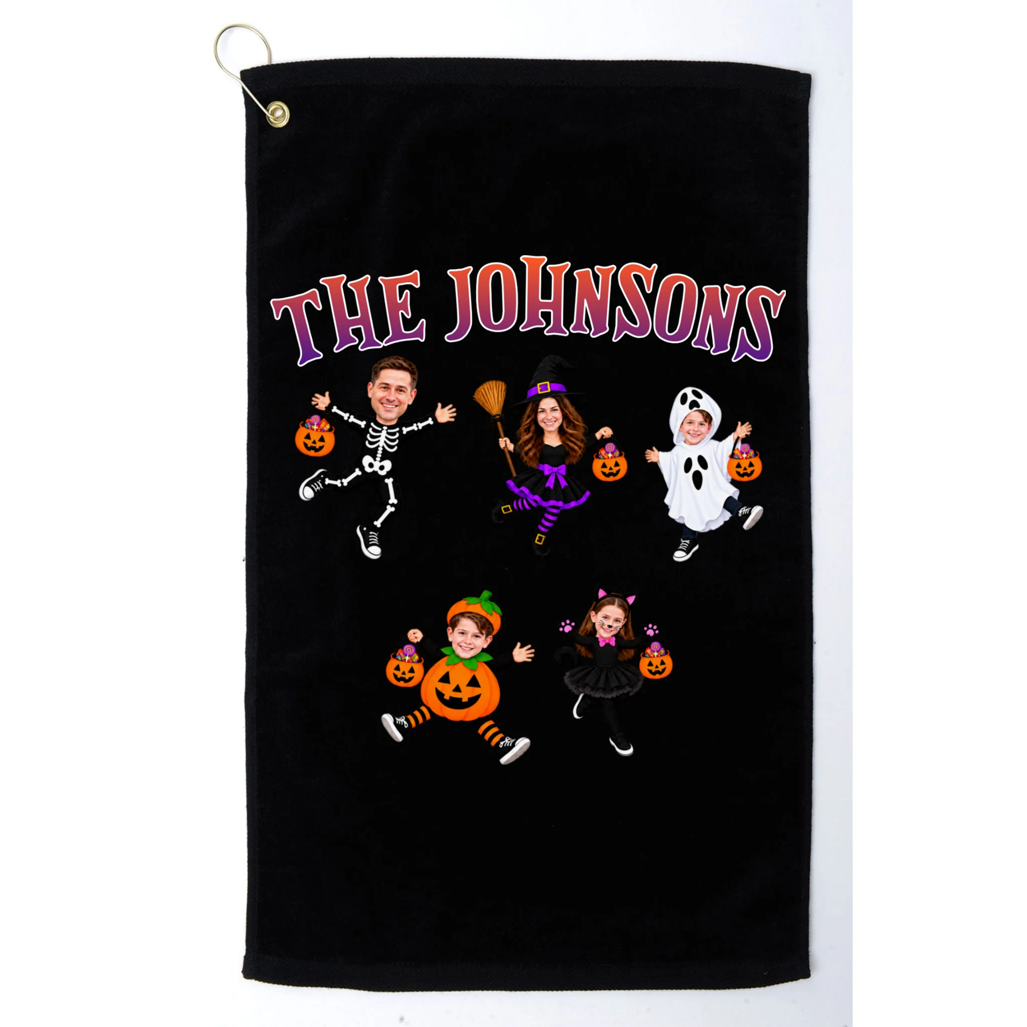 Personalized Halloween Family Photo Golf Towel - Custom Faces & Name - Front