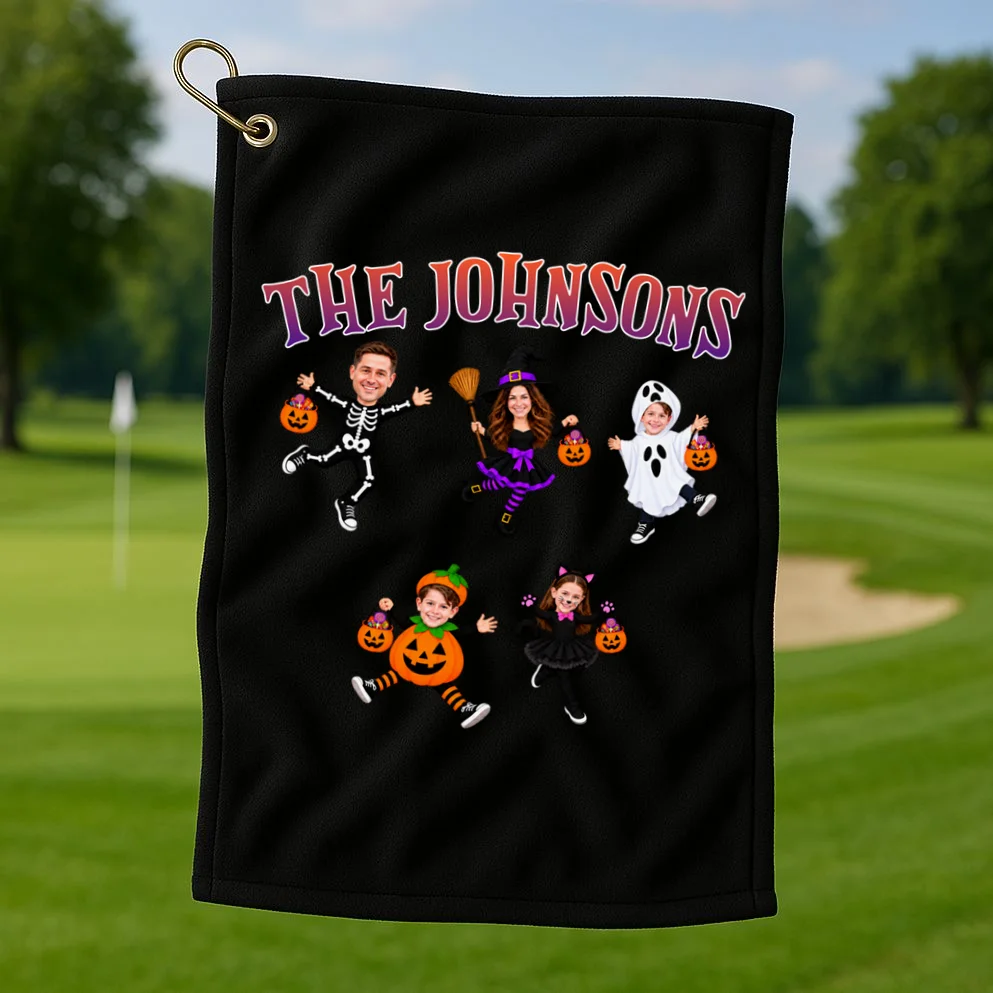 Personalized Halloween Family Photo Golf Towel - Custom Faces & Name - Front 1