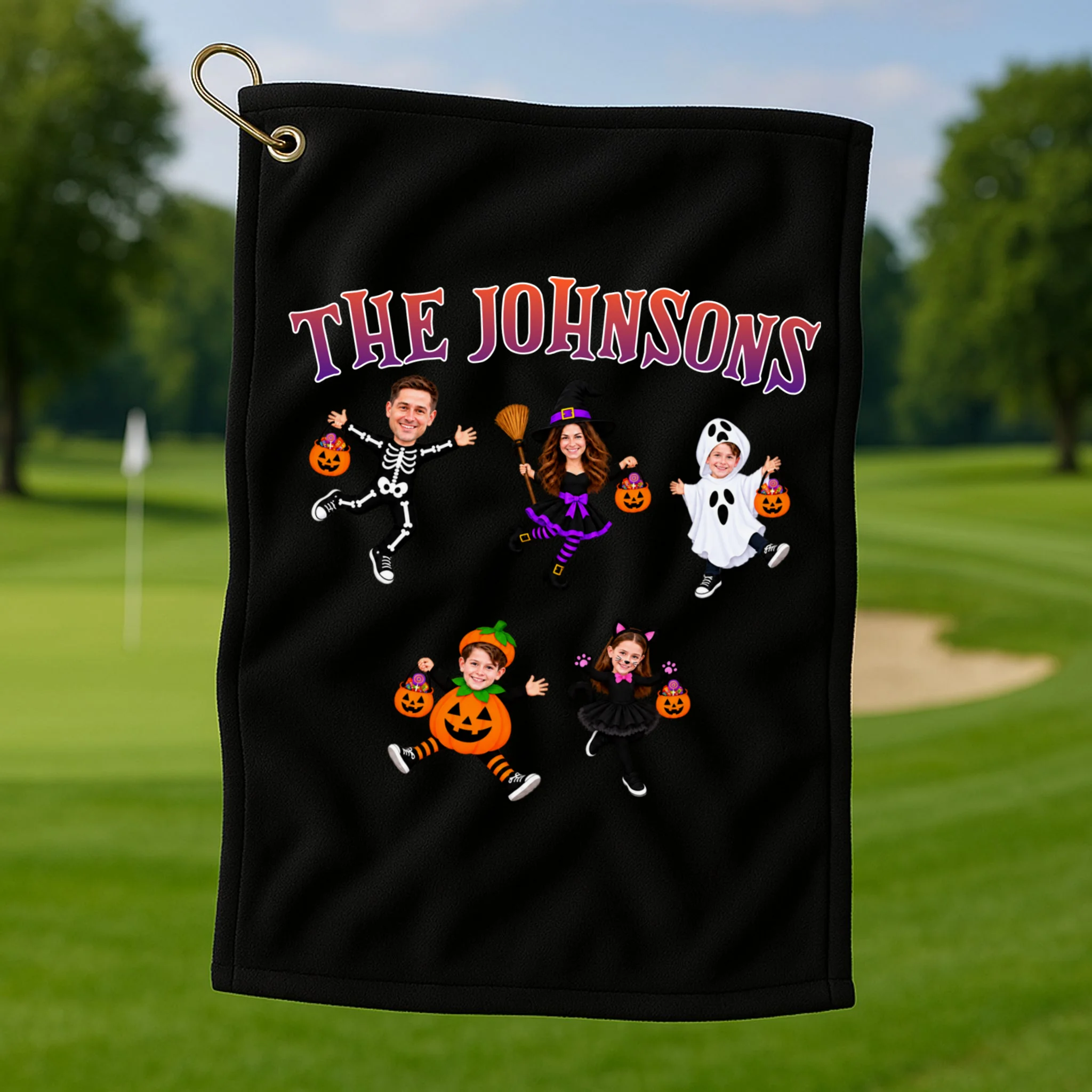 Personalized Halloween Family Photo Golf Towel - Custom Faces & Name - Front 1