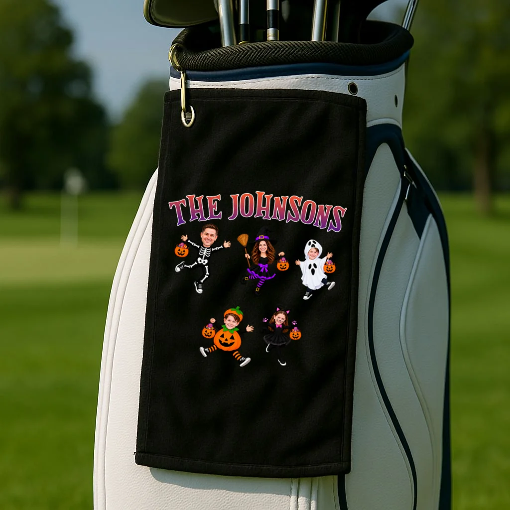Personalized Halloween Family Photo Golf Towel - Custom Faces & Name - Front 2
