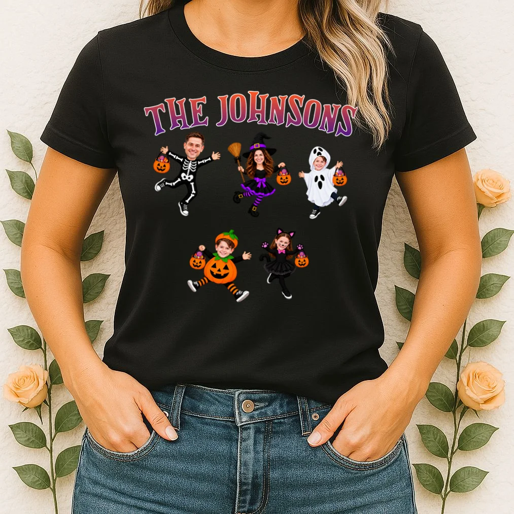 Personalized Halloween Family Photo Women's T-Shirt - Custom Faces & Name - Front 1