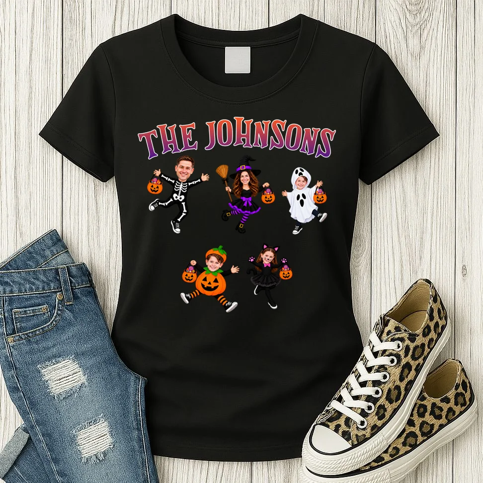 Personalized Halloween Family Photo Women's T-Shirt - Custom Faces & Name - Front 2