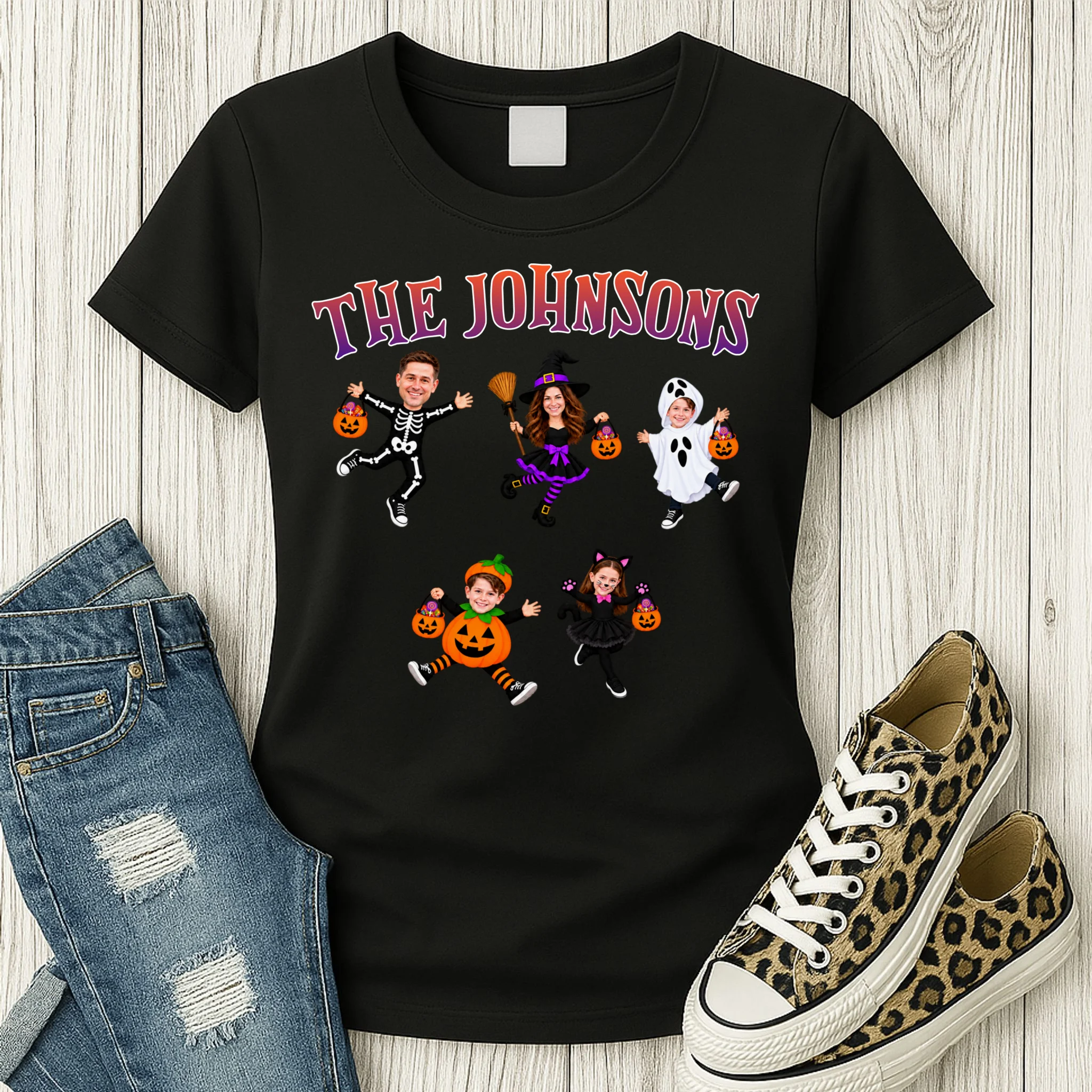 Personalized Halloween Family Photo Women's T-Shirt - Custom Faces & Name - Front 2