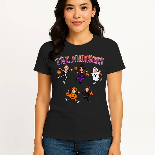 Personalized Halloween Family Photo Women's T-Shirt - Custom Faces & Name - Front 3