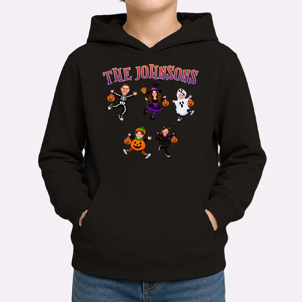 Personalized Halloween Family Photo Kids Hoodie - Custom Faces & Name - Front 1
