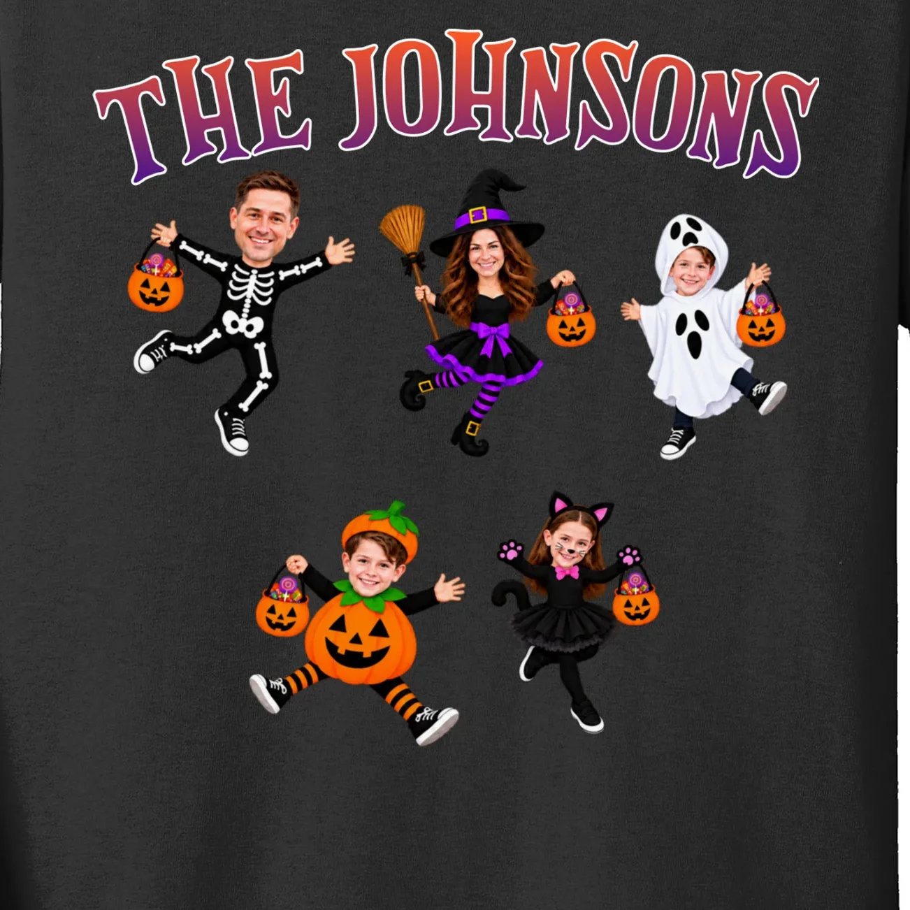 Personalized Halloween Family Photo Kids Long Sleeve Shirt - Custom Faces & Name - Front - Close-up