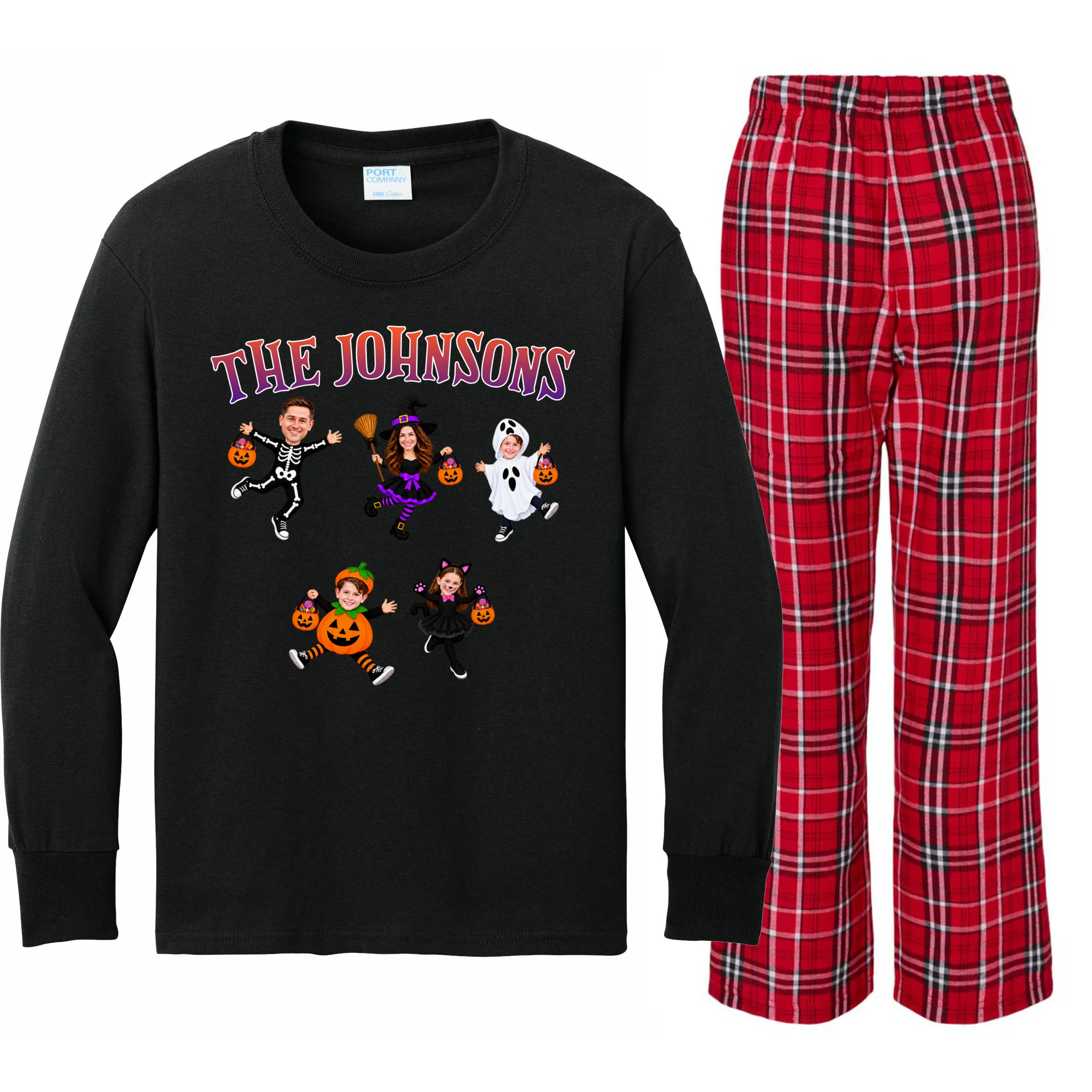 Personalized Halloween Family Photo Kids Long Sleeve Pajamas - Custom Faces & Name Front