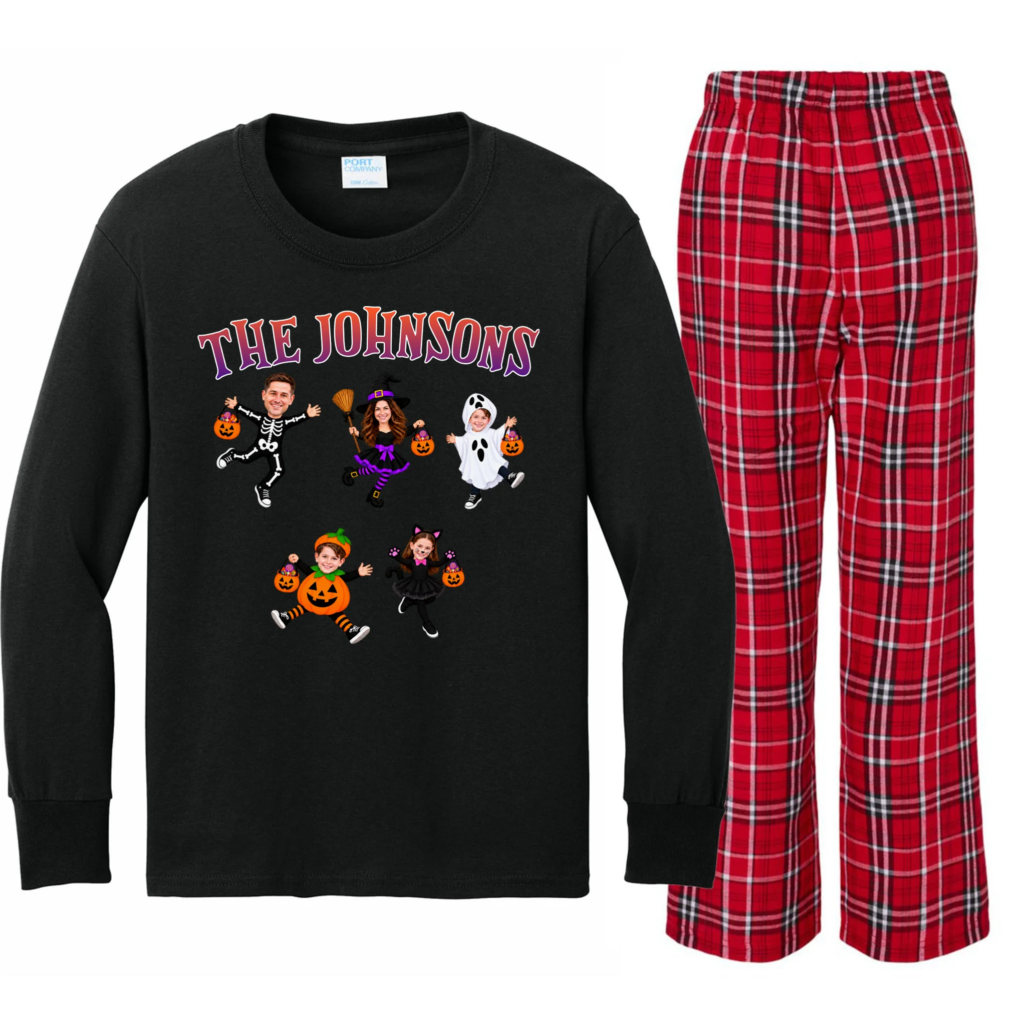 Personalized Halloween Family Photo Kids Long Sleeve Pajamas - Custom Faces & Name Front