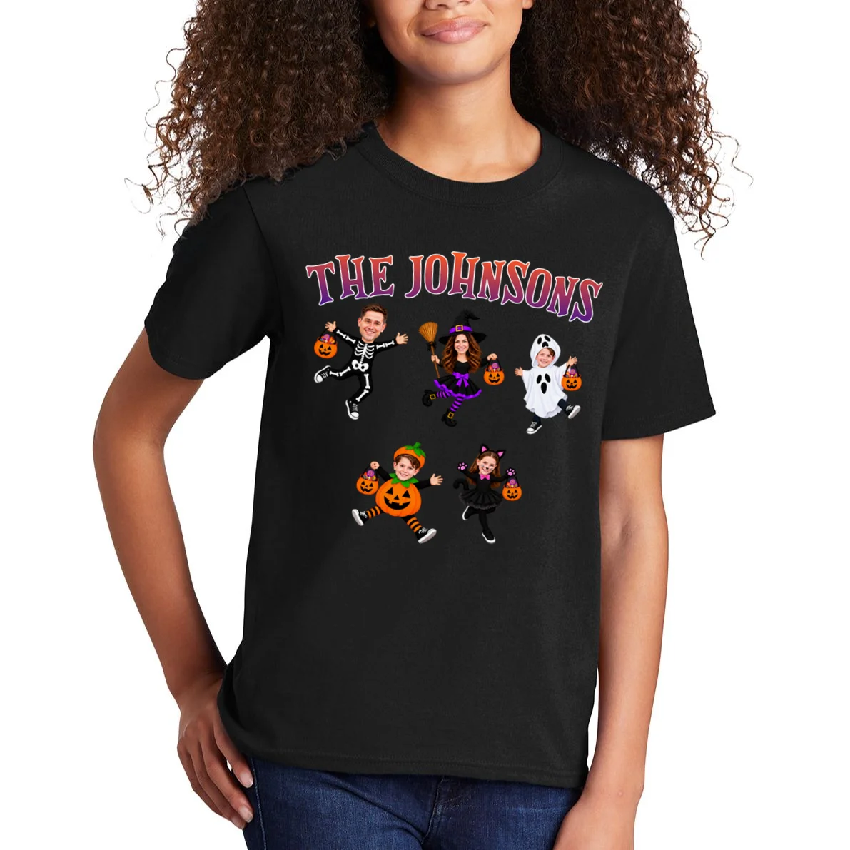 Personalized Halloween Family Photo Kids T-Shirt - Custom Faces & Name - Front 1