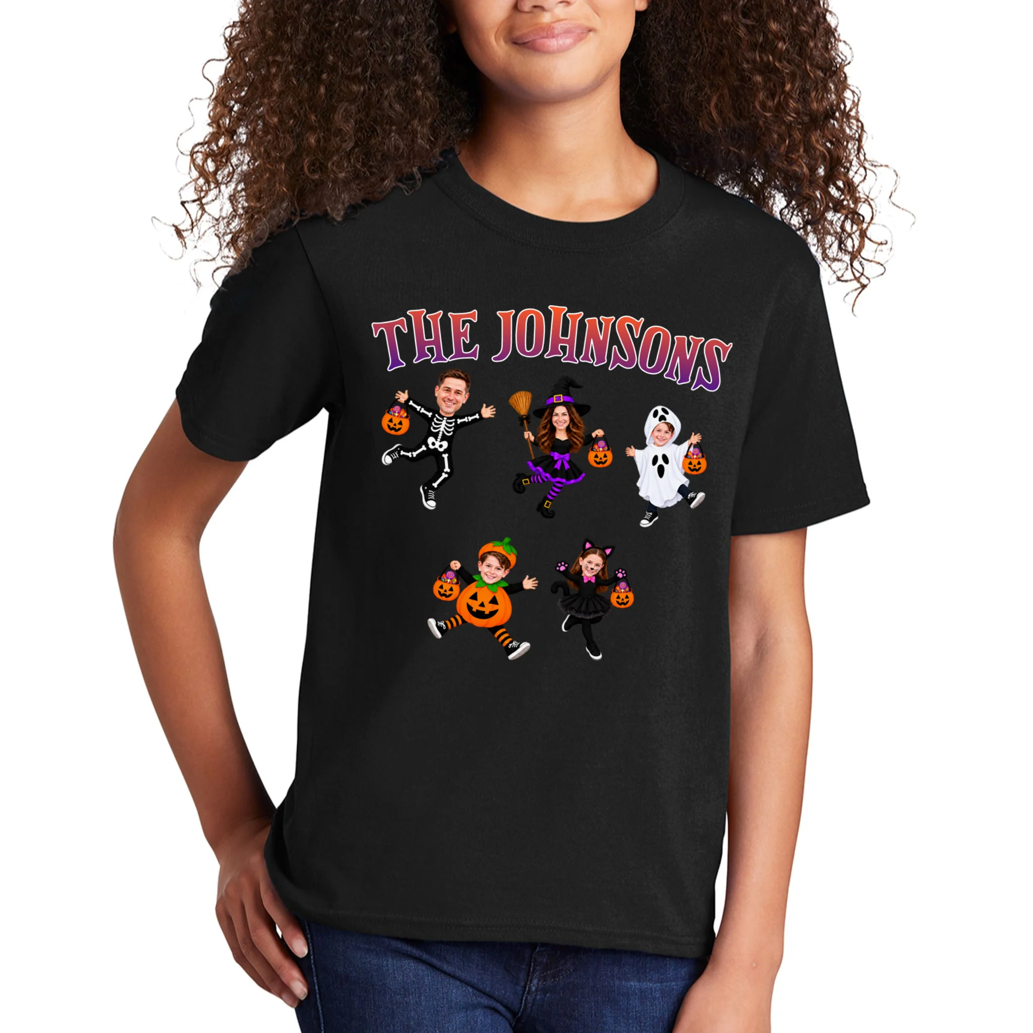 Personalized Halloween Family Photo Kids T-Shirt - Custom Faces & Name - Front 1