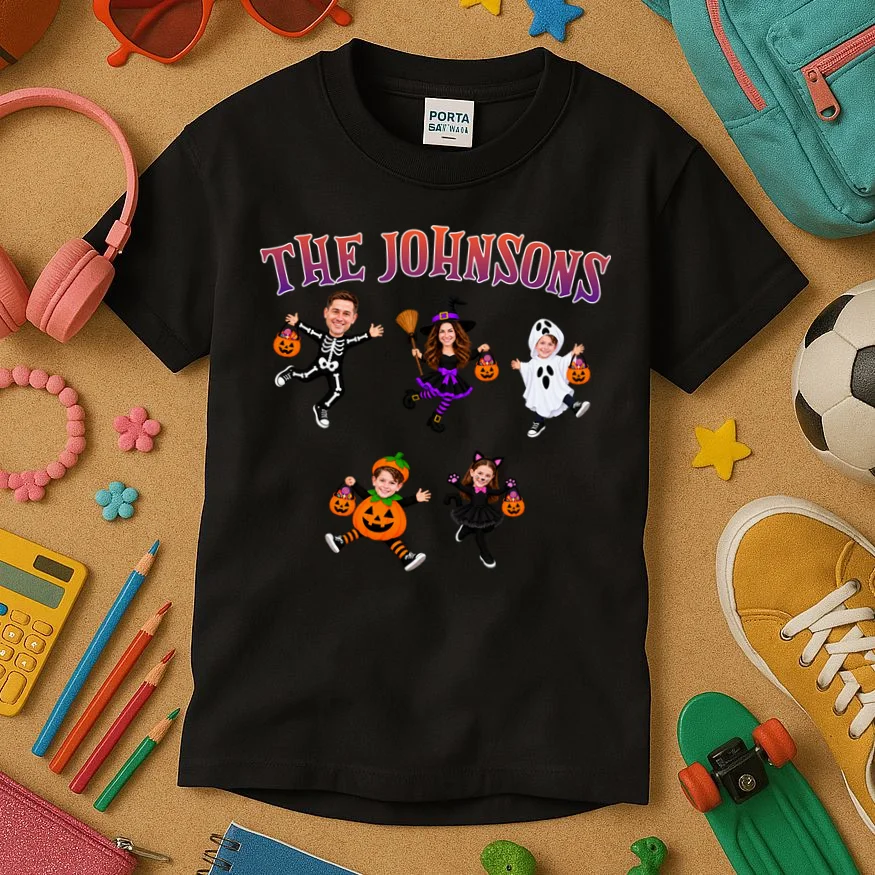 Personalized Halloween Family Photo Kids T-Shirt - Custom Faces & Name - Front 2