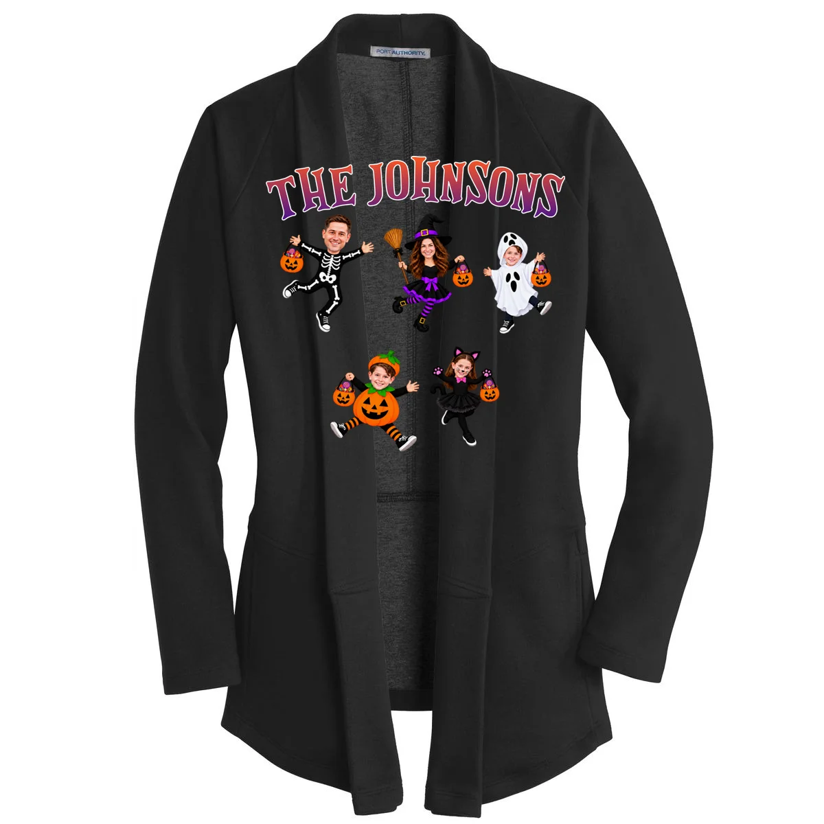 Personalized Halloween Family Photo Women's Cardigan - Custom Faces & Name Front