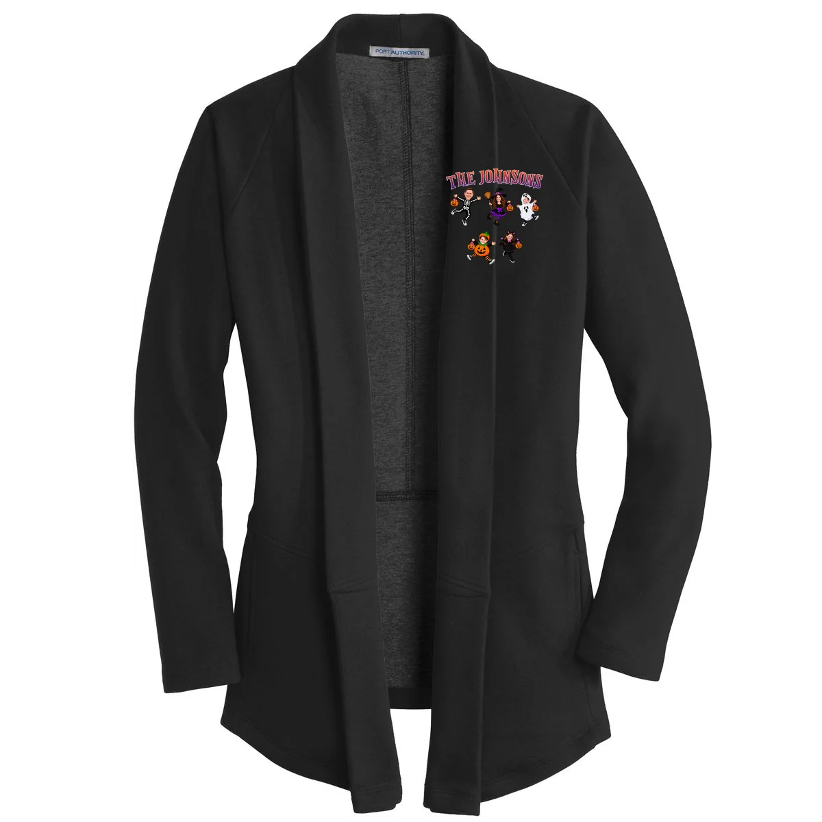 Personalized Halloween Family Photo Women's Cardigan - Custom Faces & Name - Front