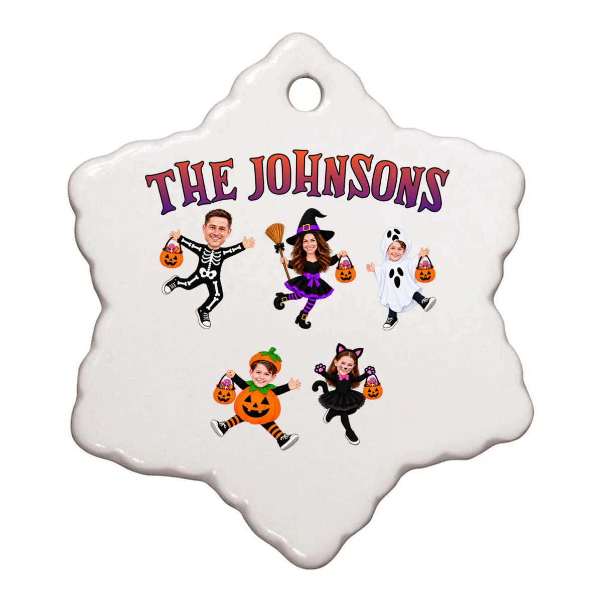 Personalized Halloween Family Photo Ornament - Custom Faces & Name - Front