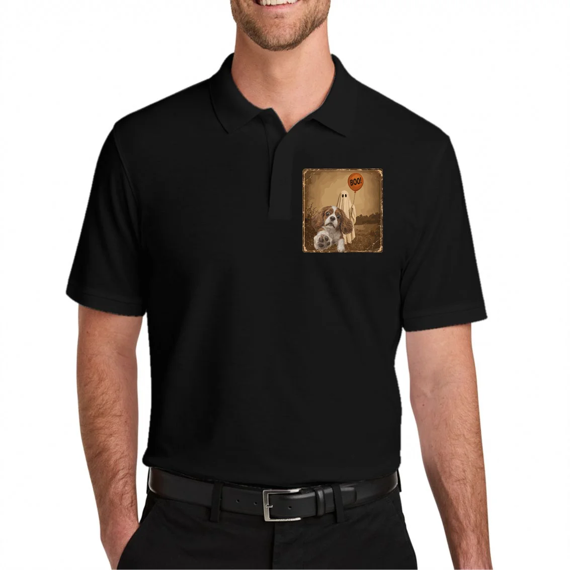 Custom Halloween Dog Portrait Personalized Pet Halloween Shirt Spooky Season Men's Polo - Front 1