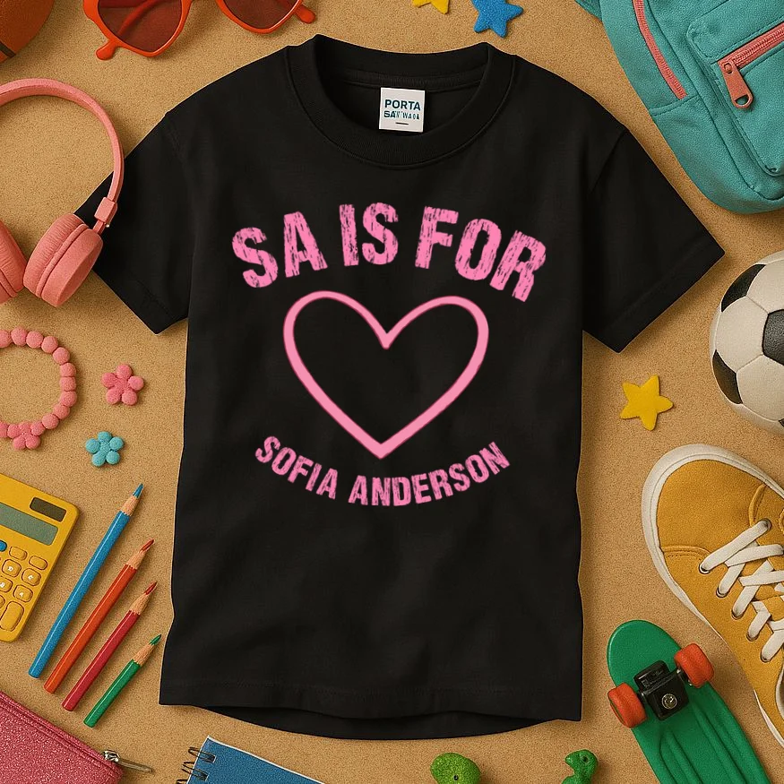 Custom Initial Name Kids T Shirt, Personalized Pink Heart Toddler T-Shirt for Girls Kids T-Shirt - Front 2