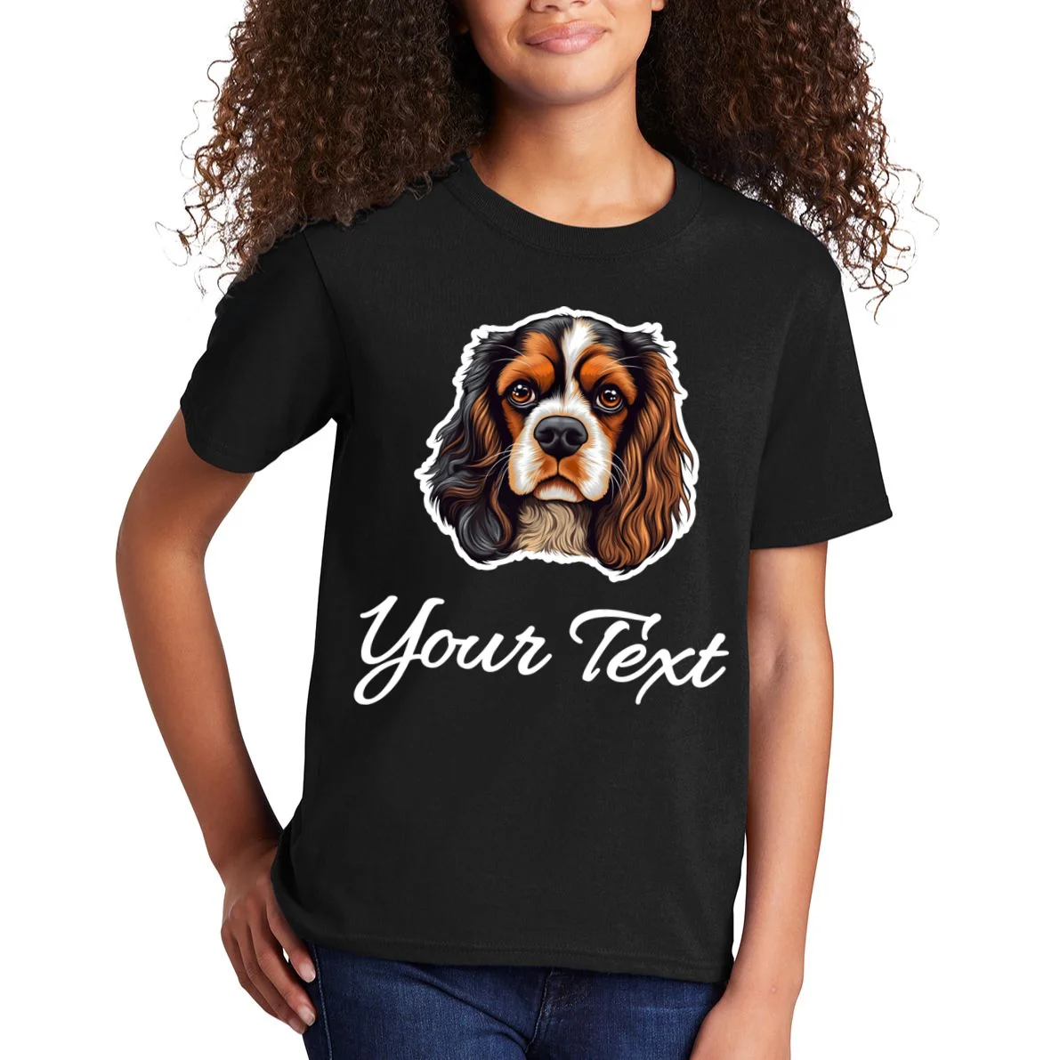 Cavalier King Charles Spaniel Custom Text Personalized Kids T-Shirt - Front 1