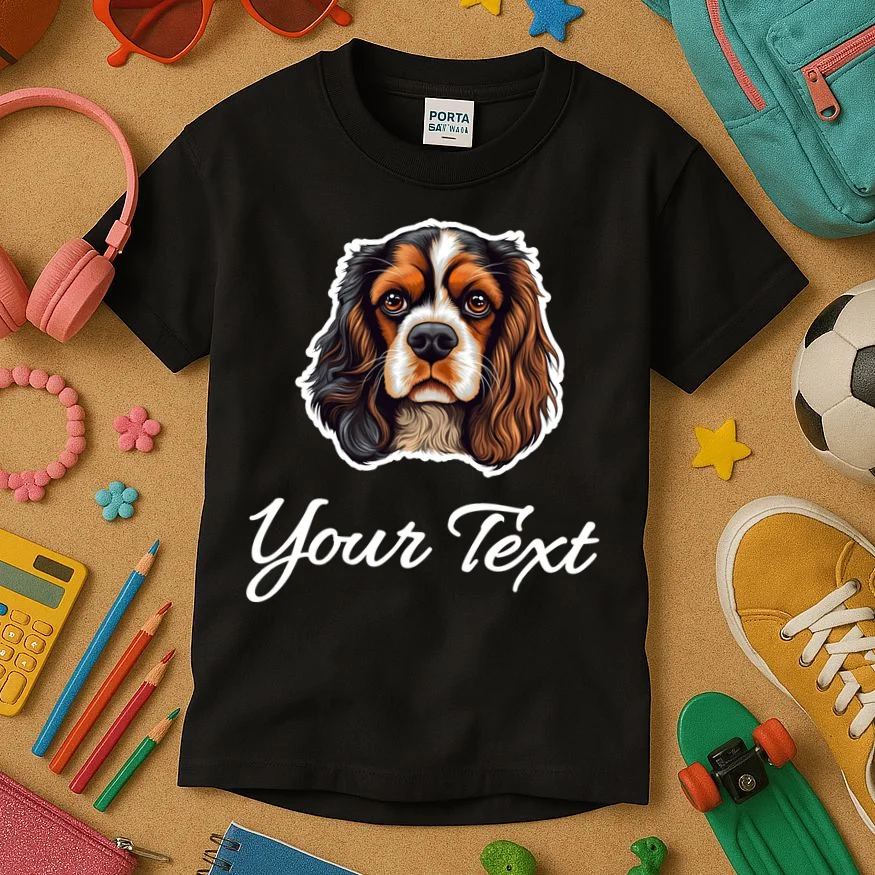 Cavalier King Charles Spaniel Custom Text Personalized Kids T-Shirt - Front 2