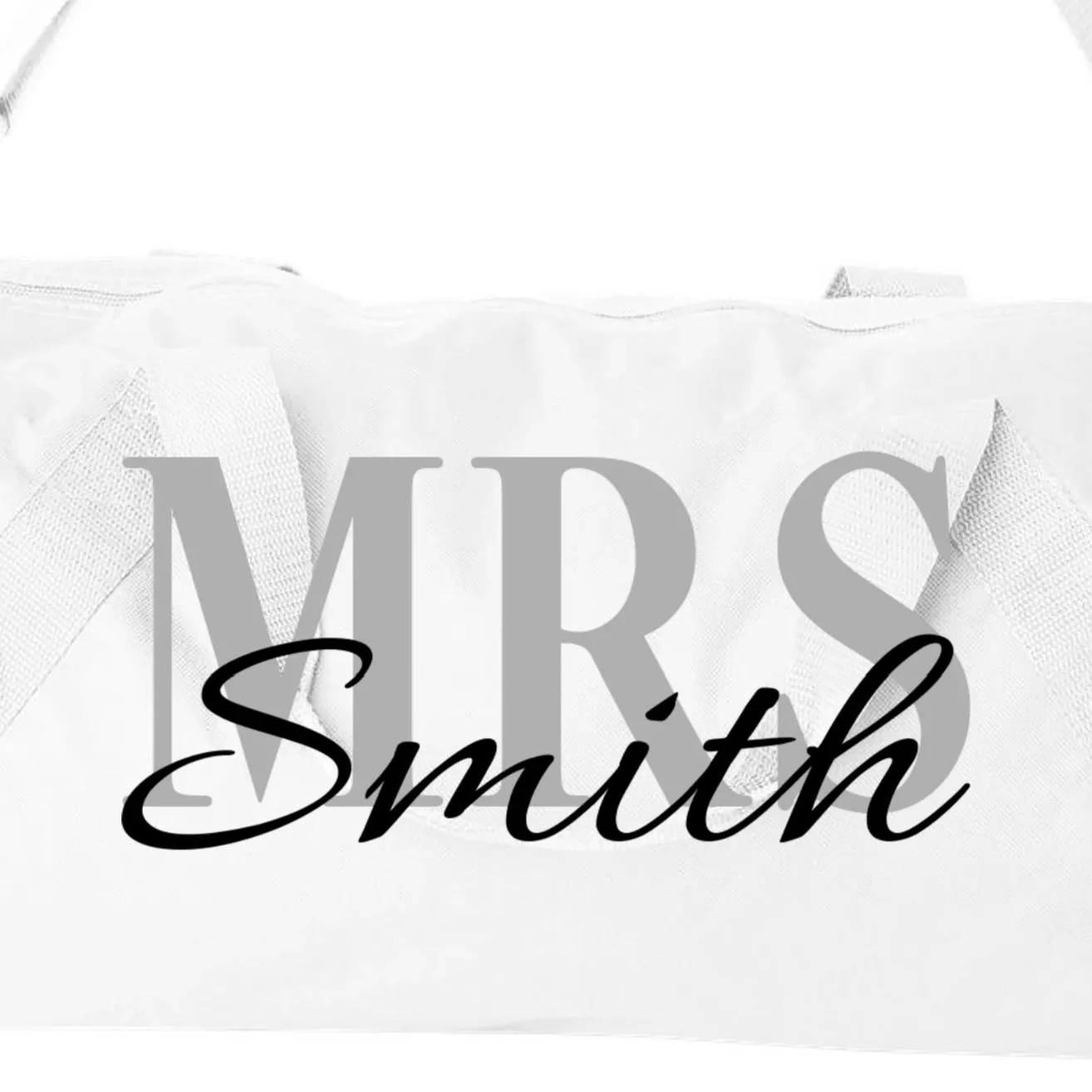 Custom Mrs Last Name Wedding Gift Duffel Bag - Front - Close-up