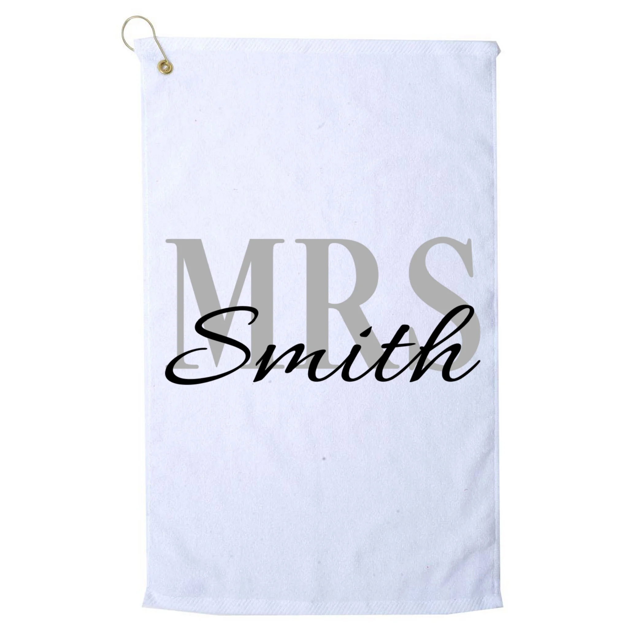 Custom Mrs Last Name Wedding Gift Golf Towel - Front