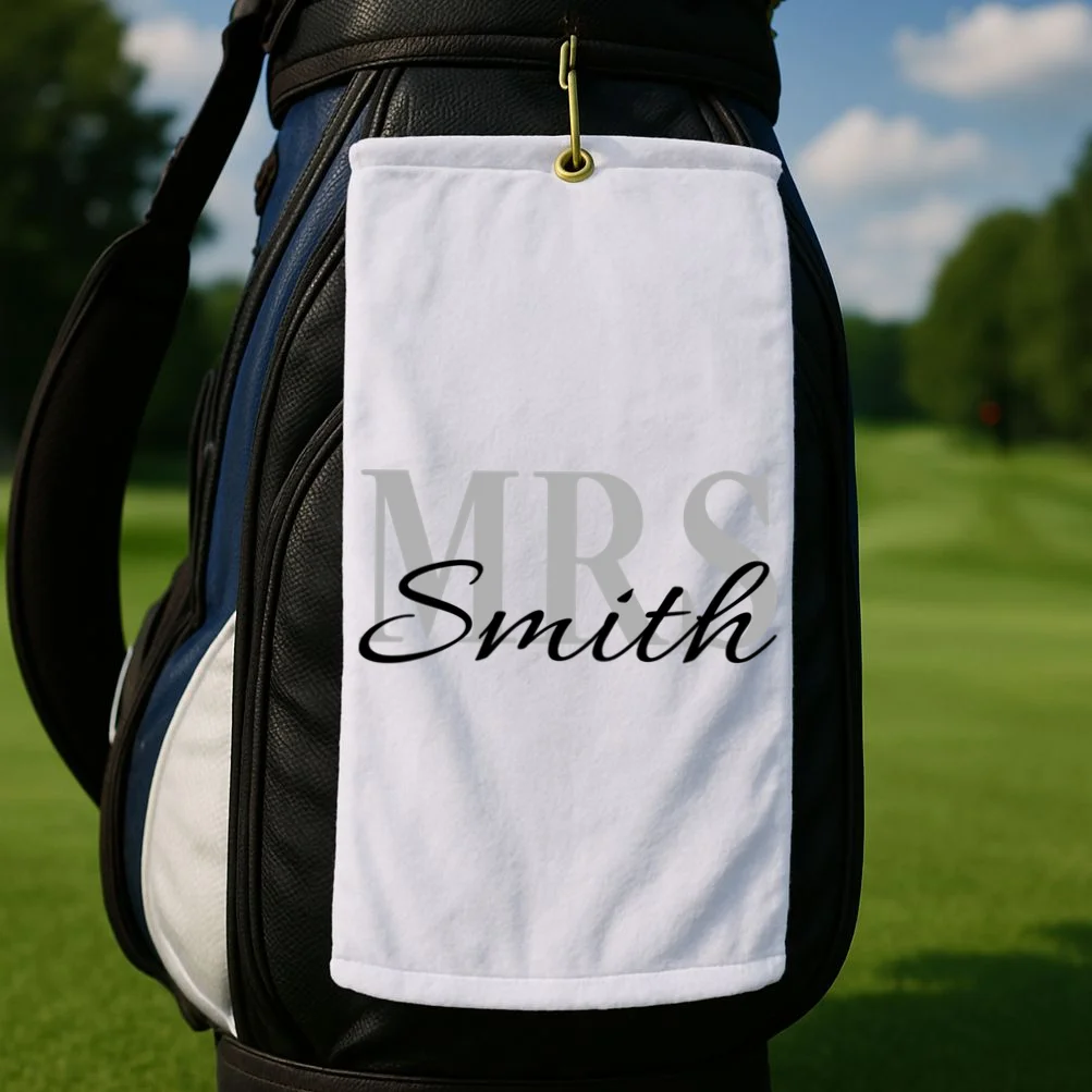 Custom Mrs Last Name Wedding Gift Golf Towel - Front 2