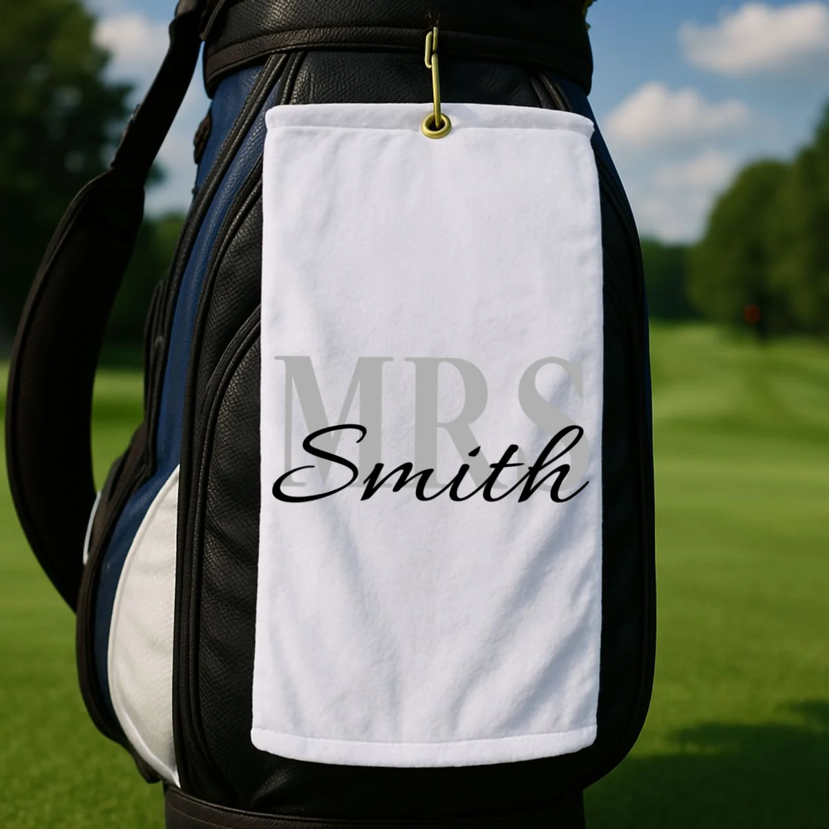 Custom Mrs Last Name Wedding Gift Golf Towel - Front 2