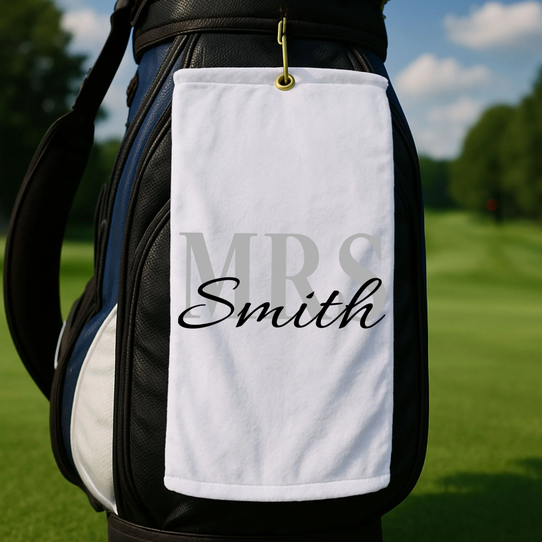 Custom Mrs Last Name Wedding Gift Golf Towel - Front 2