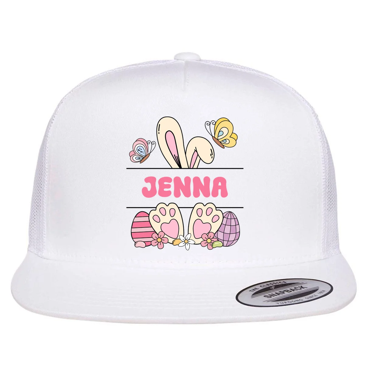 Custom Name Easter Bunny Flat Bill Trucker Hat - Front