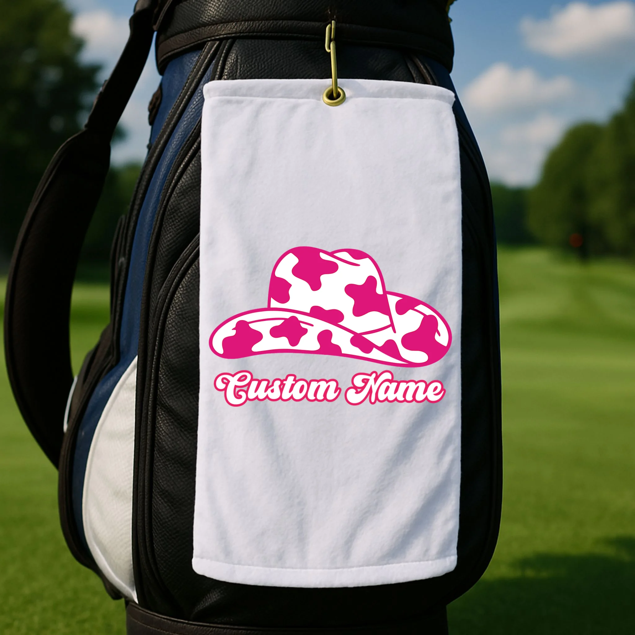 Custom Name Pink Cowgirl Girls Trip Golf Towel - Front 2