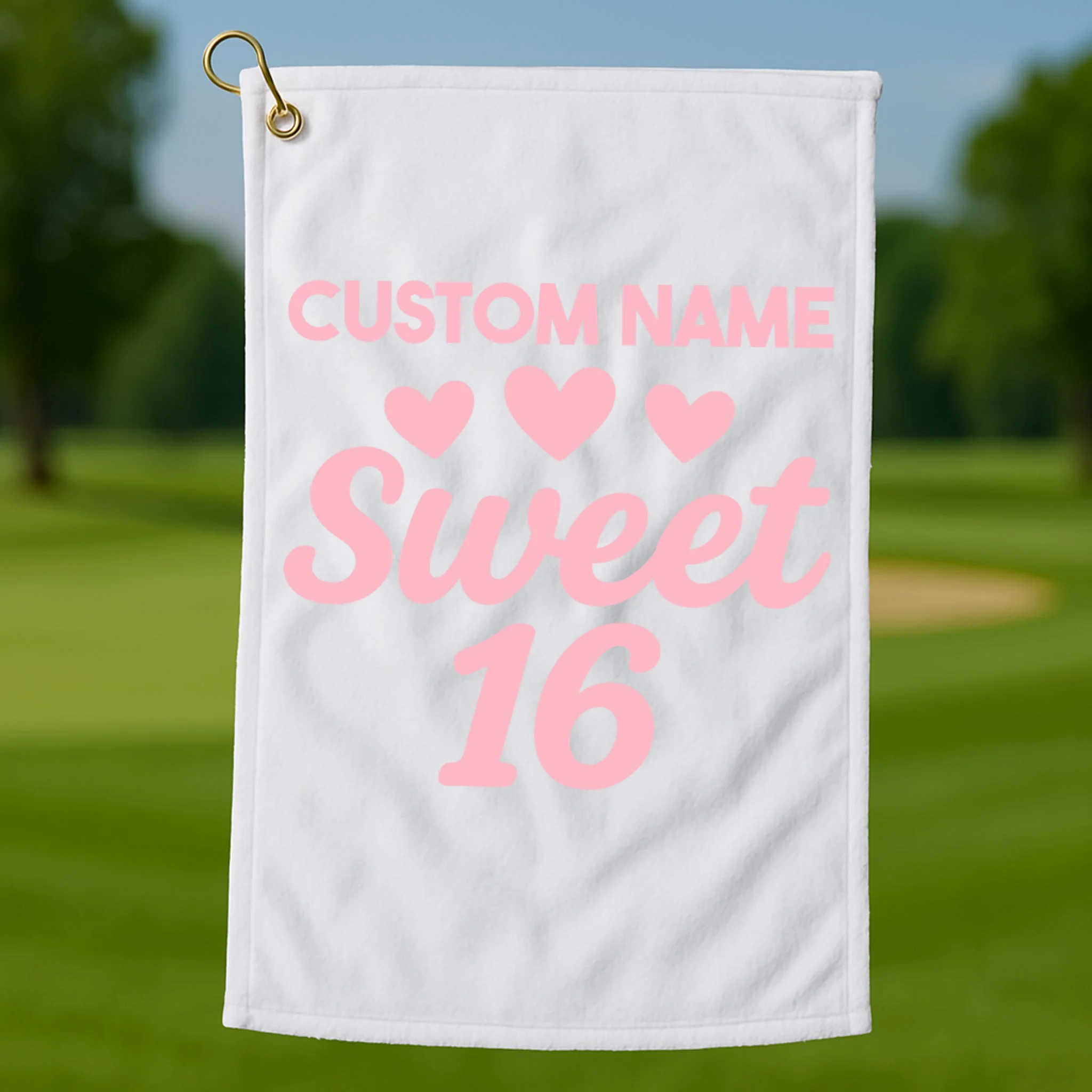 Custom Name Sweet 16 Golf Towel - Front 1