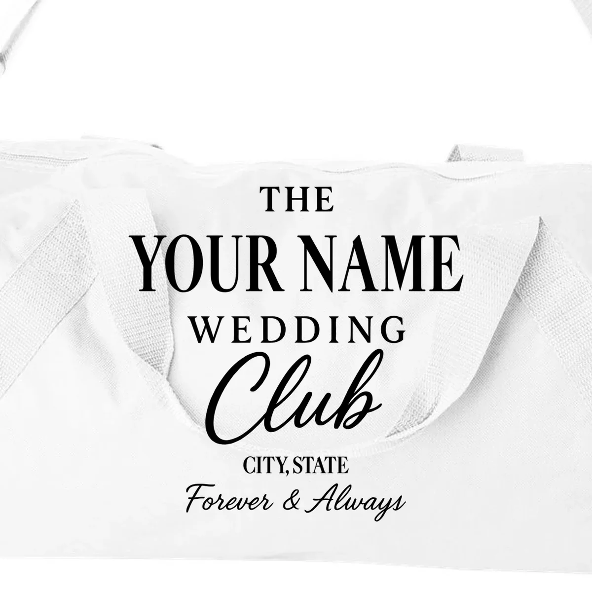 Custom Name Wedding Club Retro Couples Duffel Bag - Front - Close-up