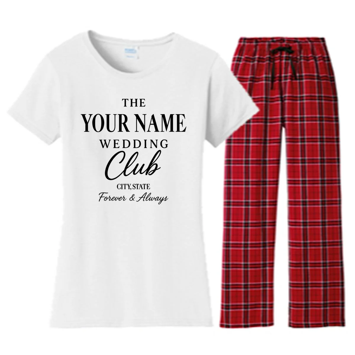 Custom Name Wedding Club Retro Couples Women's Flannel Pajama Set - Front