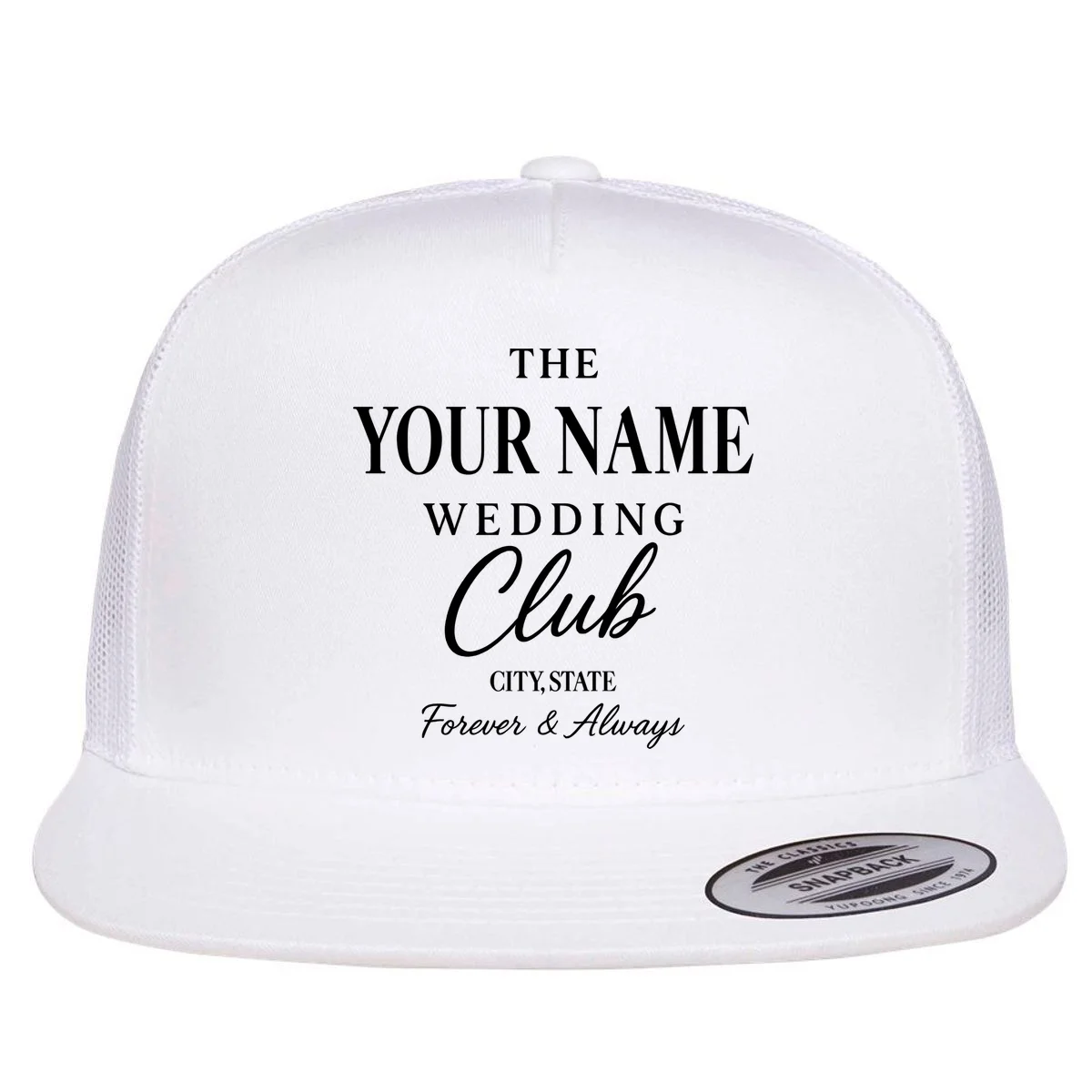 Custom Name Wedding Club Retro Couples Flat Bill Trucker Hat - Front