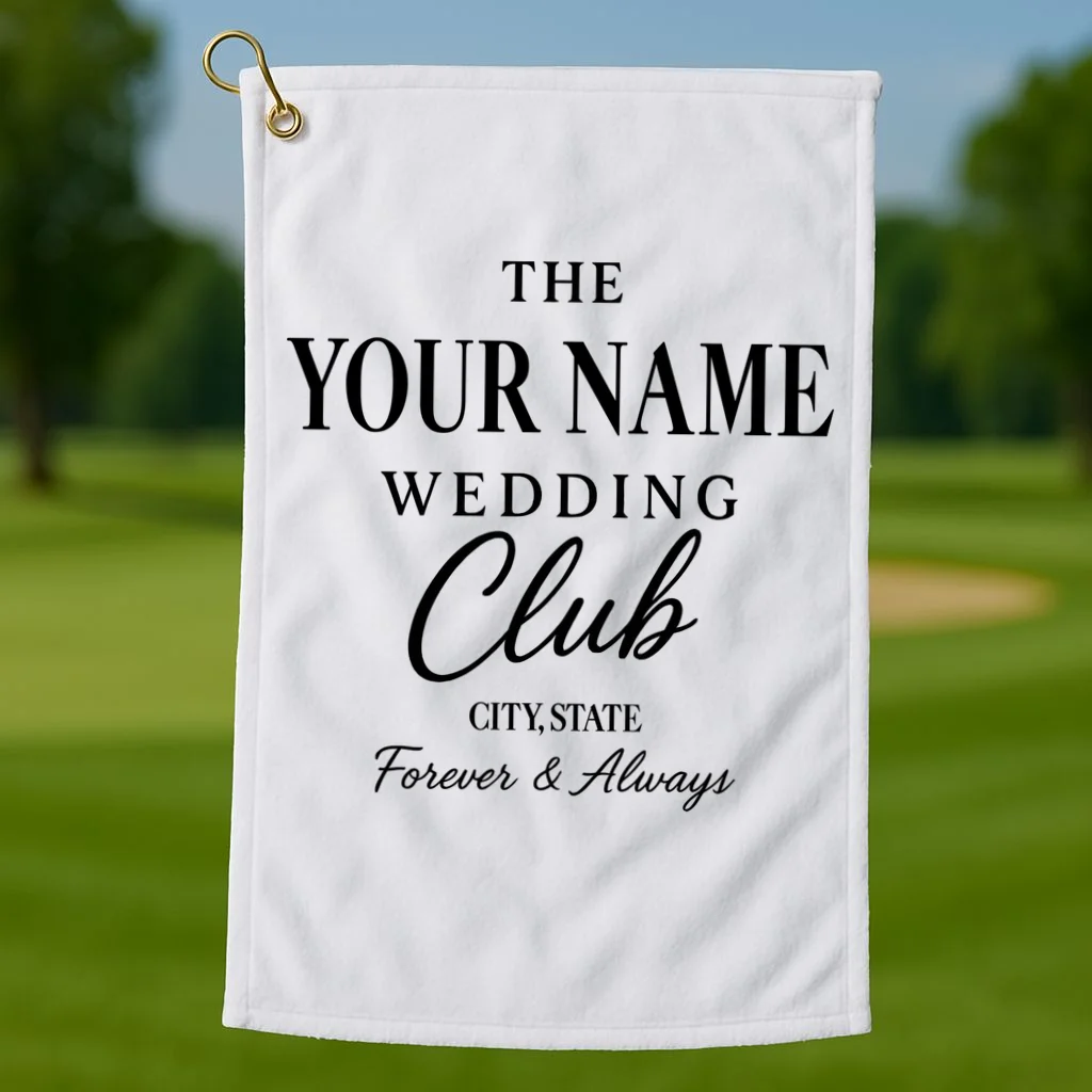 Custom Name Wedding Club Retro Couples Golf Towel - Front 1