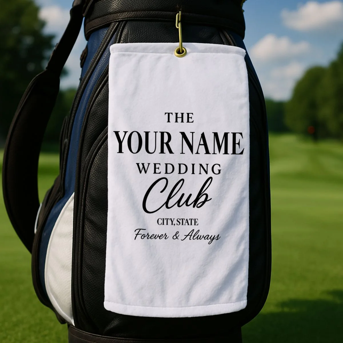 Custom Name Wedding Club Retro Couples Golf Towel - Front 2