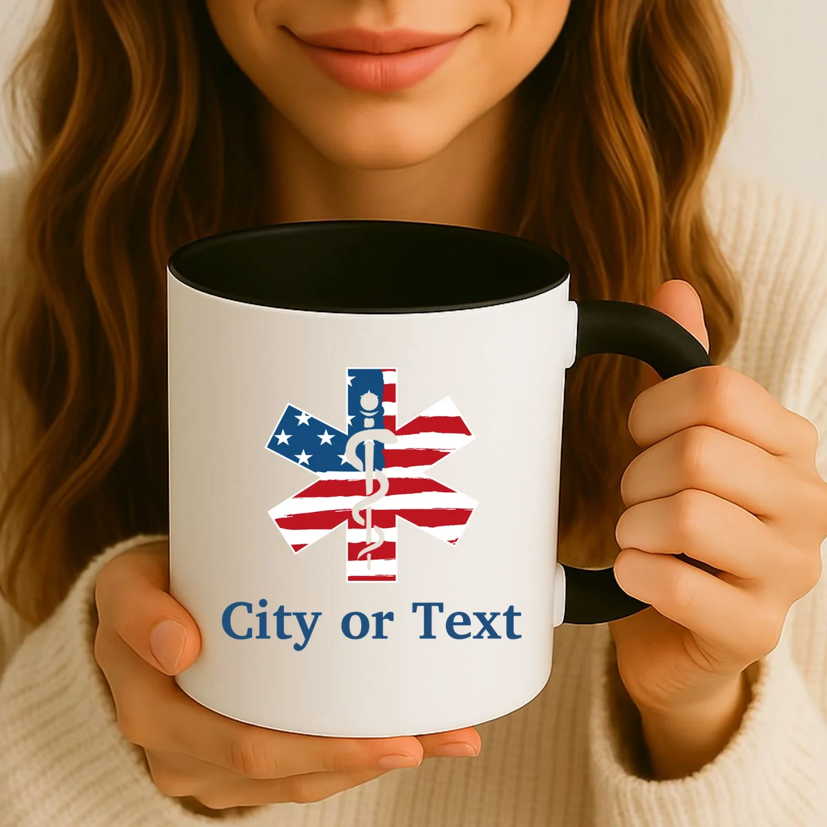 City or Text EMT Custom City or Text Personalized USA Flag Coffee Mug - Front 2