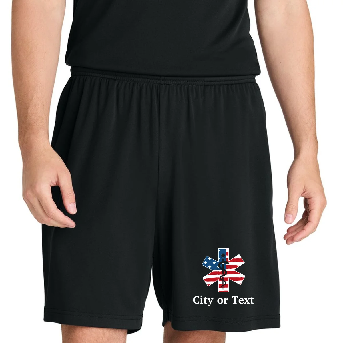 City or Text EMT Custom City or Text Personalized USA Flag Men's Shorts - Front 1