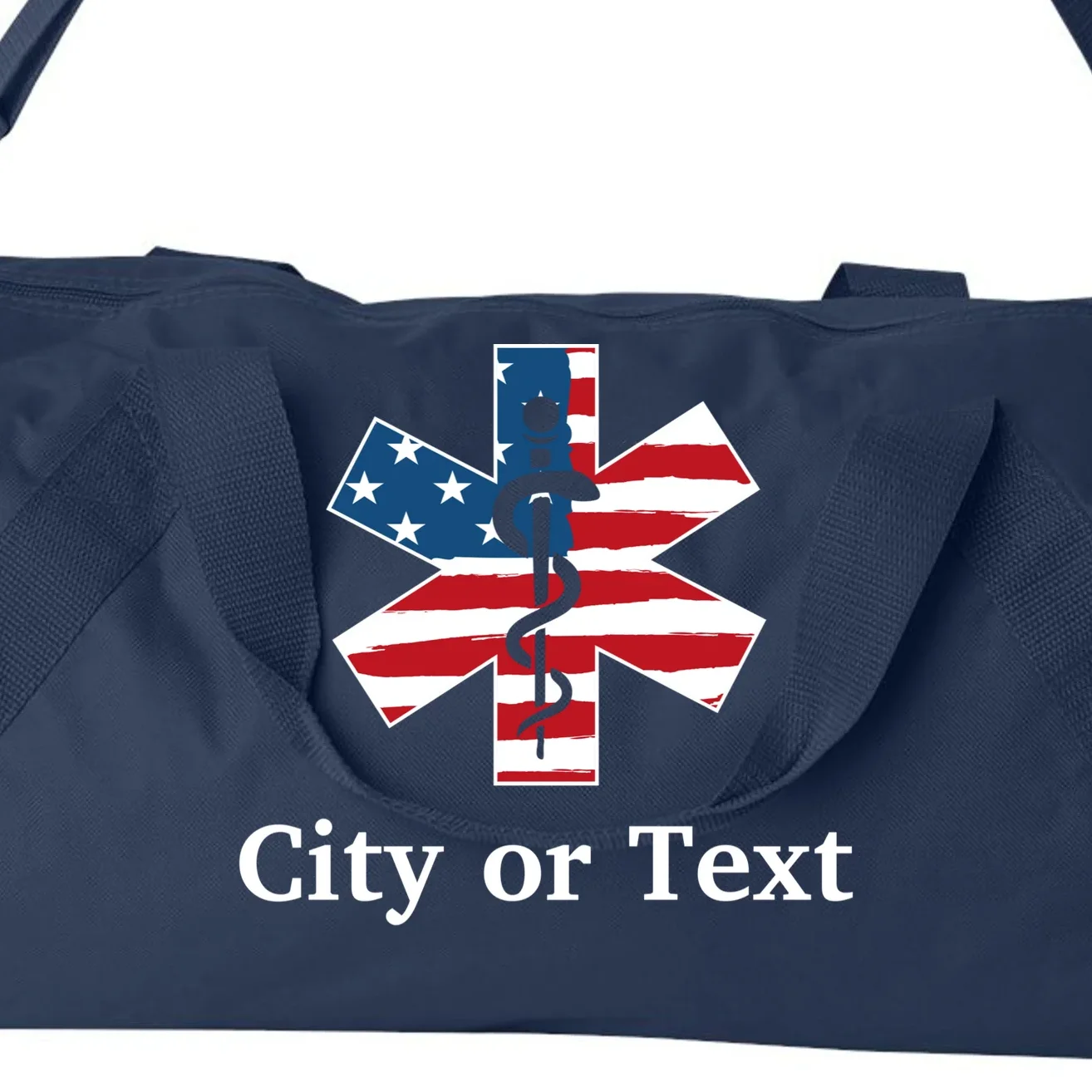 City or Text EMT Custom City or Text Personalized USA Flag Duffel Bag - Front - Close-up
