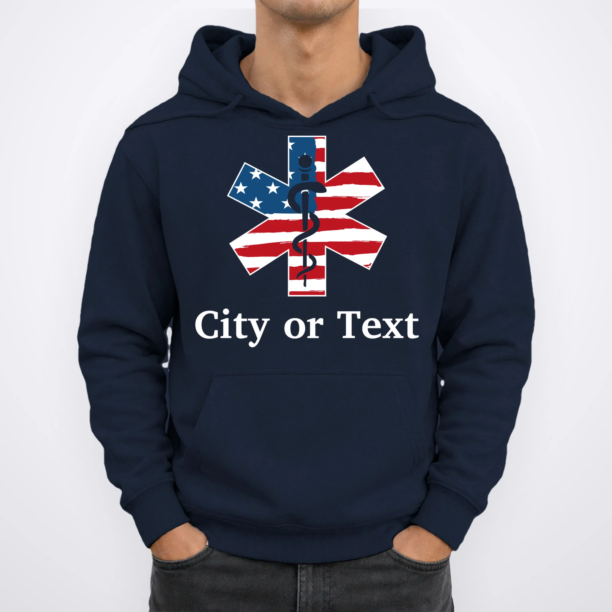City or Text EMT Custom City or Text Personalized USA Flag Men's Hoodie - Front 1