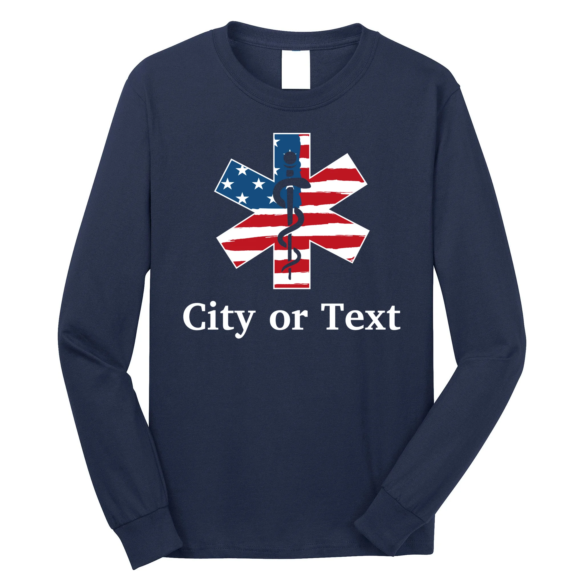 City or Text EMT Custom City or Text Personalized USA Flag Men's Long Sleeve Shirt - Front