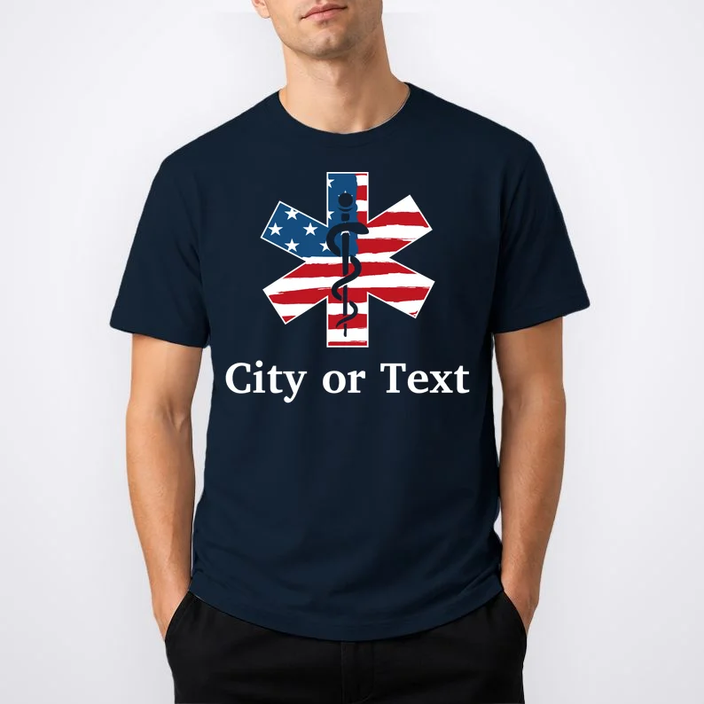 City or Text EMT Custom City or Text Personalized USA Flag T-Shirt - Front 1