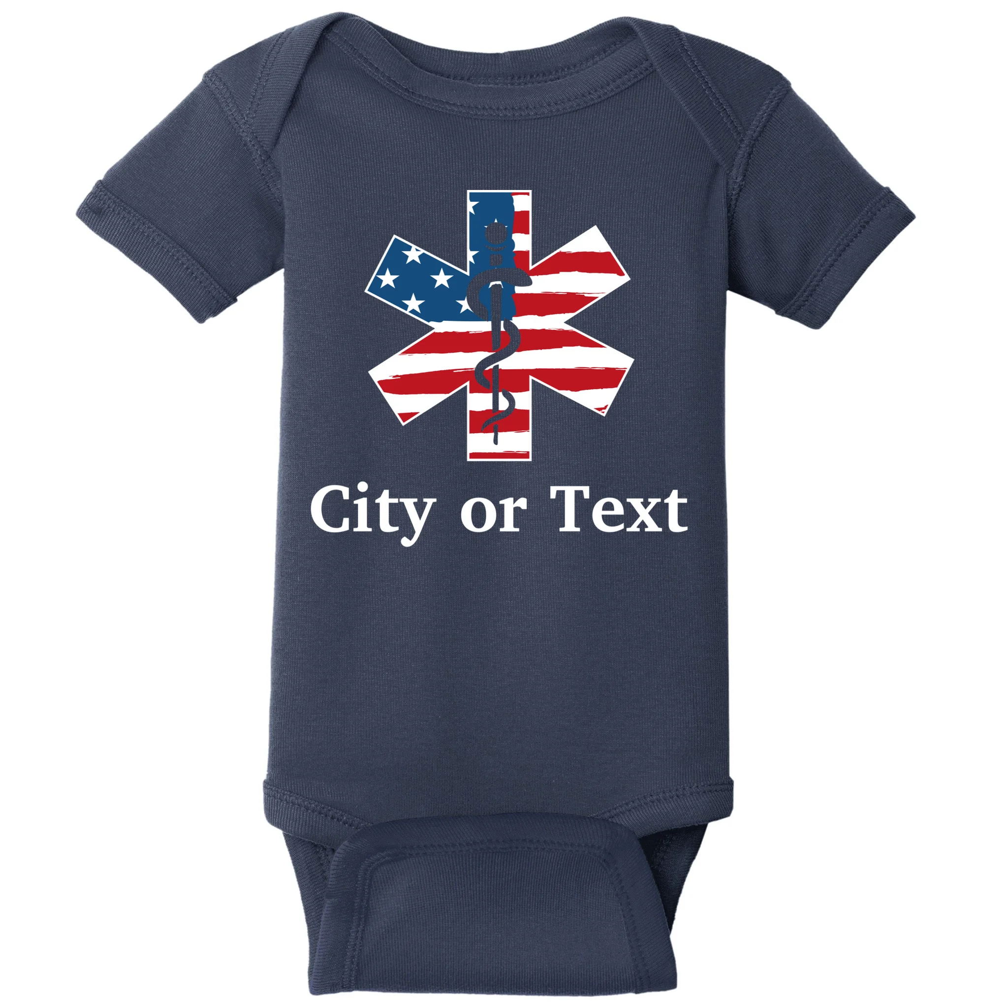 City or Text EMT Custom City or Text Personalized USA Flag Baby Bodysuit - Front