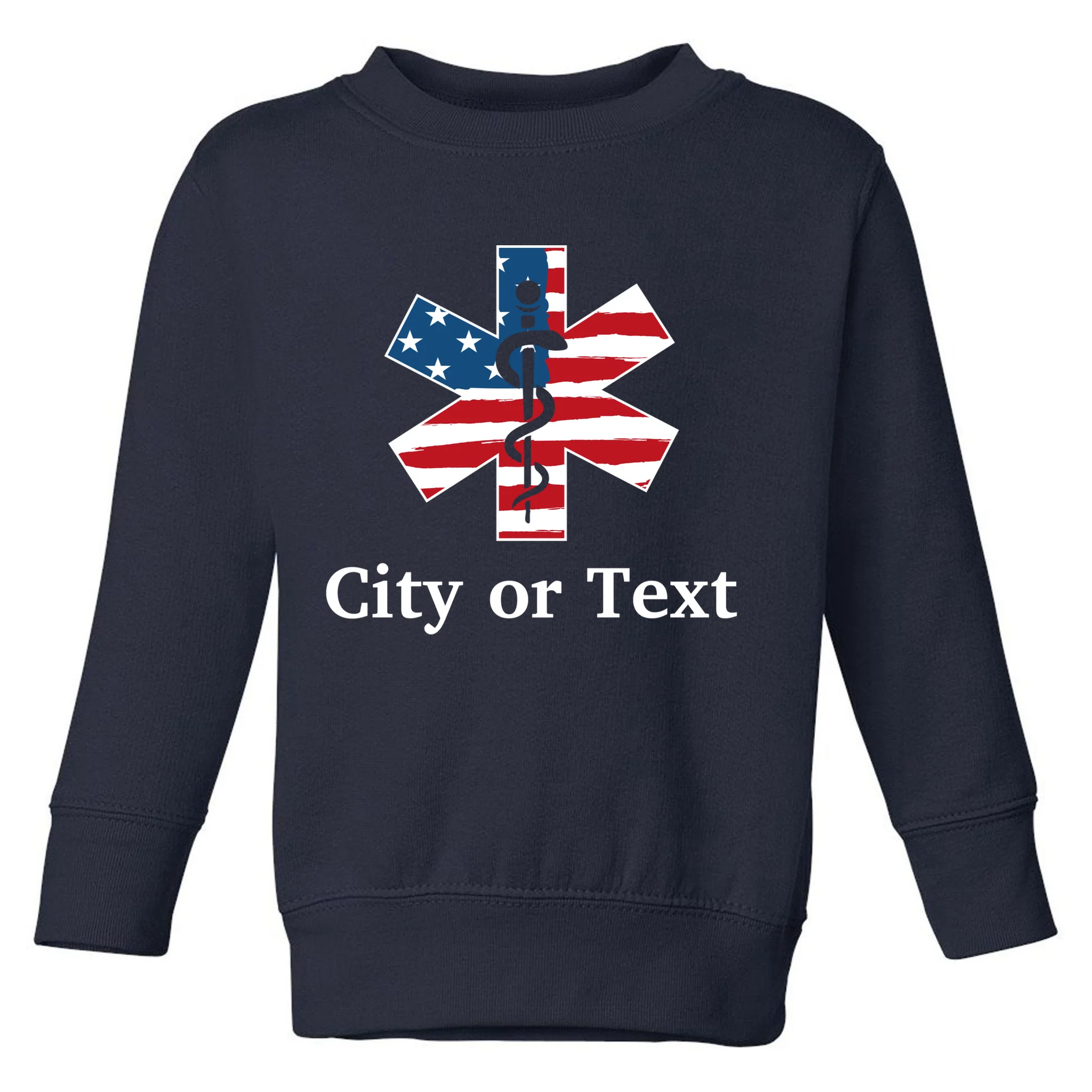 City or Text EMT Custom City or Text Personalized USA Flag Toddler Sweatshirt - Front